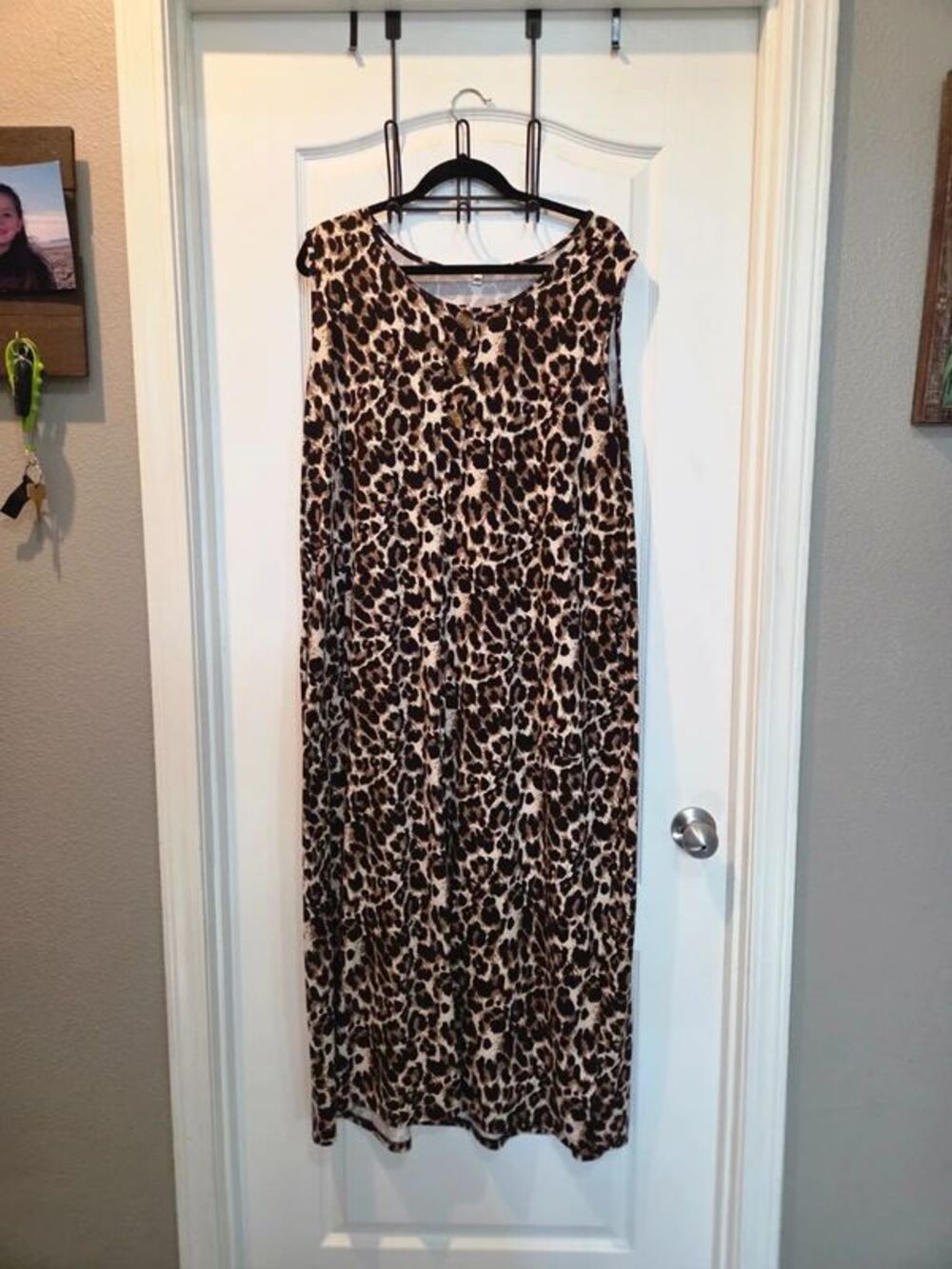 Leopard Print Sleeveless Maxi Dress 2XL Front Buttons Pockets Layering Sundress